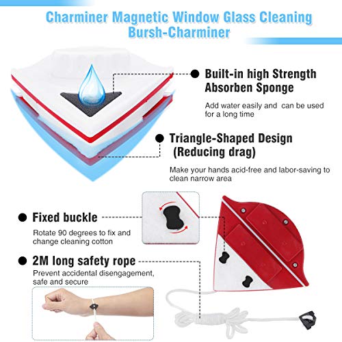 Charminer Limpiador de ventanas magnetico, Cepillo de limpieza doble cara con Cuerda Anti-caída, Limpiaparabrisas Adecuado para Ventanas Vidrio del hogar Herramientas para 15-24mm