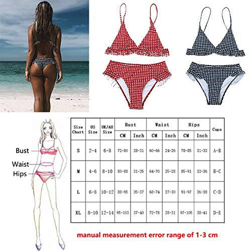 CheChury Conjunto de Bikini con Relleno Push Up Triangular Tartán Sexy Retro Brasileños Mujer Traje De Baño Bikini Mujer Dos Piezas Tartán Cuello Halter Volante Volantes Acolchado Bra Push up