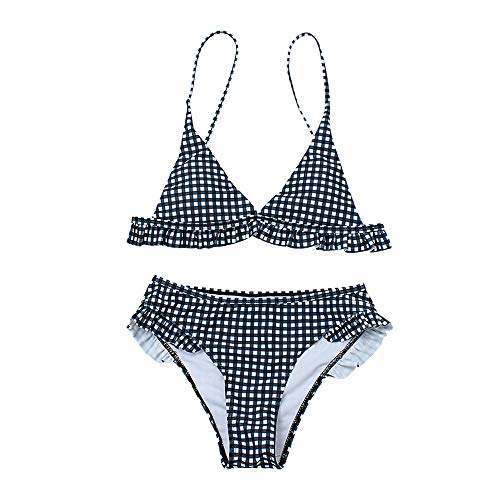 CheChury Conjunto de Bikini con Relleno Push Up Triangular Tartán Sexy Retro Brasileños Mujer Traje De Baño Bikini Mujer Dos Piezas Tartán Cuello Halter Volante Volantes Acolchado Bra Push up