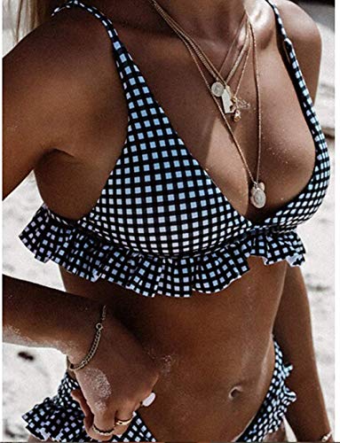 CheChury Conjunto de Bikini con Relleno Push Up Triangular Tartán Sexy Retro Brasileños Mujer Traje De Baño Bikini Mujer Dos Piezas Tartán Cuello Halter Volante Volantes Acolchado Bra Push up