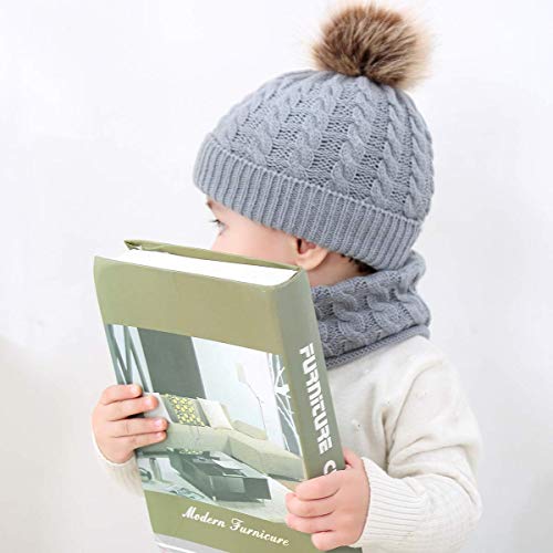 CheChury Conjunto de Bufanda y Gorro de Punto Unisex Niños Niñas Invierno cálido Punto Beanie Gorros con Pompon Bufanda de Punto Cuello Redondo Bebé