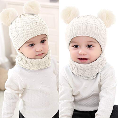 CheChury Conjunto de Bufanda y Gorro de Punto Unisex Niños Niñas Invierno cálido Punto Beanie Gorros con Pompon Bufanda de Punto Cuello Redondo Bebé