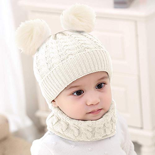 CheChury Conjunto de Bufanda y Gorro de Punto Unisex Niños Niñas Invierno cálido Punto Beanie Gorros con Pompon Bufanda de Punto Cuello Redondo Bebé