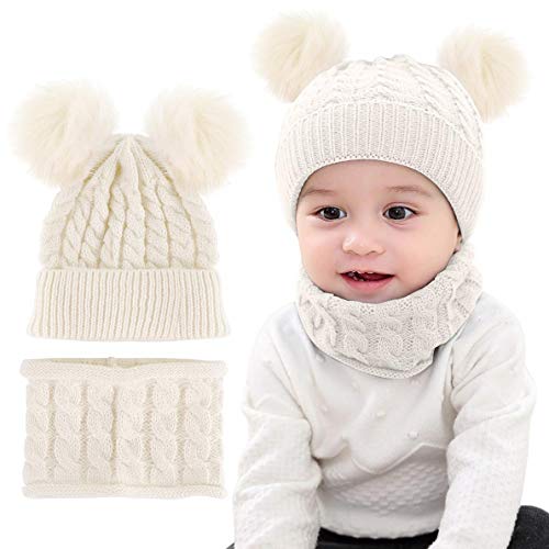 CheChury Conjunto de Bufanda y Gorro de Punto Unisex Niños Niñas Invierno cálido Punto Beanie Gorros con Pompon Bufanda de Punto Cuello Redondo Bebé