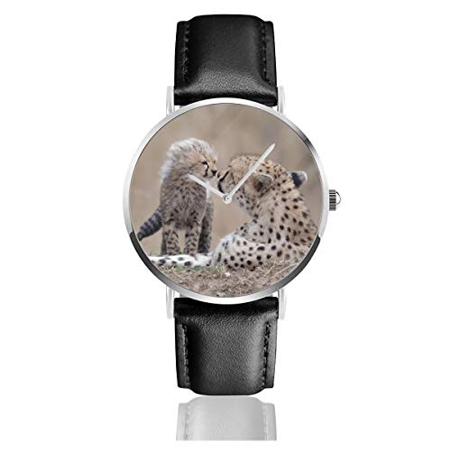 Cheetah - Reloj de Pulsera con Correa de Piel para bebé, diseño de Animales, Estilo clásico, de Acero Inoxidable, Cuarzo, para Negocios