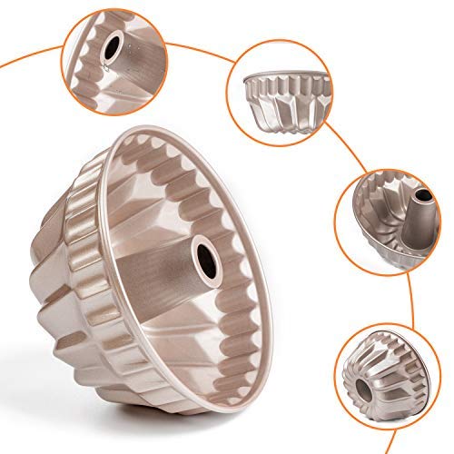 CHEFMADE Molde Savarín-Molde de Cake-Revestimiento de Acero al Carbono Sin PTFE&PFOA-Bizcocho Savarín Antiadherente-Ca. 17.2cm x 12cm/Oro Champagne