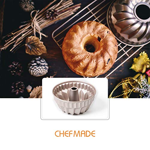 CHEFMADE Molde Savarín-Molde de Cake-Revestimiento de Acero al Carbono Sin PTFE&PFOA-Bizcocho Savarín Antiadherente-Ca. 17.2cm x 12cm/Oro Champagne