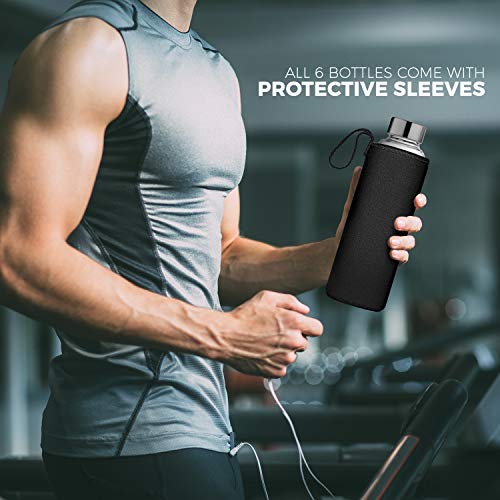 Chef’s Star - Juego de 6 botellas de agua de cristal con capacidad de 0,47 litros, tapas de acero inoxidable, correas portátiles para bebidas y zumos