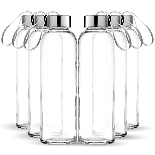 Chef’s Star - Juego de 6 botellas de agua de cristal con capacidad de 0,47 litros, tapas de acero inoxidable, correas portátiles para bebidas y zumos