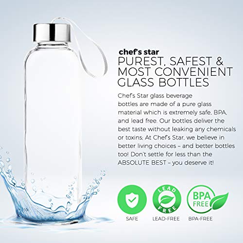 Chef’s Star - Juego de 6 botellas de agua de cristal con capacidad de 0,47 litros, tapas de acero inoxidable, correas portátiles para bebidas y zumos