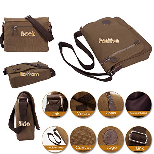 CHEREEKI Bandolera, Bolso de Lona Unisex con Múltiples Bolsillos Correa para Colgar Ideal para Viajes y Estudios (Cabe un Portátil de 13,3 Pulgadas) (Marron)