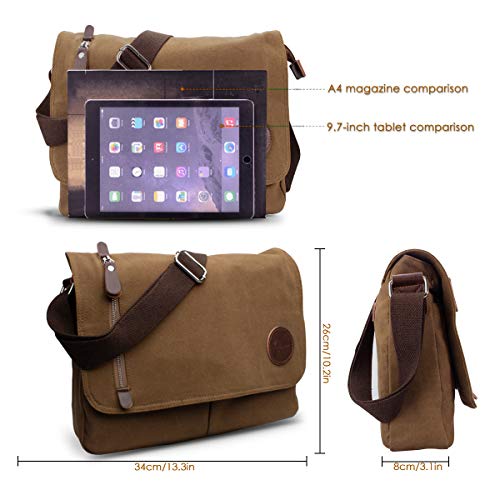 CHEREEKI Bandolera, Bolso de Lona Unisex con Múltiples Bolsillos Correa para Colgar Ideal para Viajes y Estudios (Cabe un Portátil de 13,3 Pulgadas) (Marron)