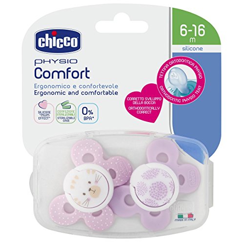 Chicco Physio Comfort - Pack de 2 chupetes de silicona 6-16 m, color rosa (diseños surtidos)