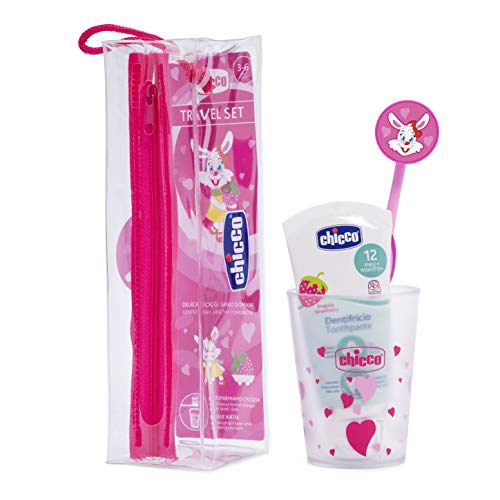 Chicco - Set cepillo de viaje: cepillo d edientes + pasta + estuche + vaso, color rosa