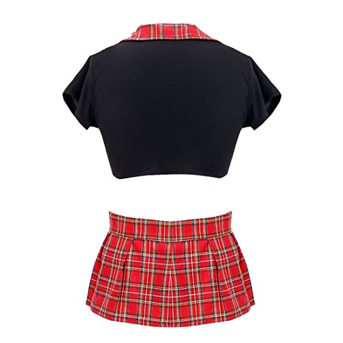 CHICTRY Disfraz Colegiala Mujer Uniforme Escolar Picardias Atractiva Conjunto de Lencería Erótica Mini Falda+Camiseta Push Up Manga Corta Negro&Rojo L