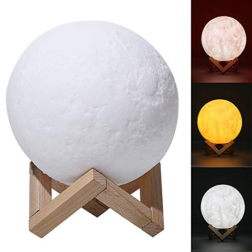 ChillHil Lampara de Luna LED 3D Moon Lamp - Recargable por USB 15cm, 3 Colores, Lamparas Infantiles (niña/niño/Bebe) de Mesa quitamiedos Nocturna, Salon, Escritorio de habitacion, baño o Cocina