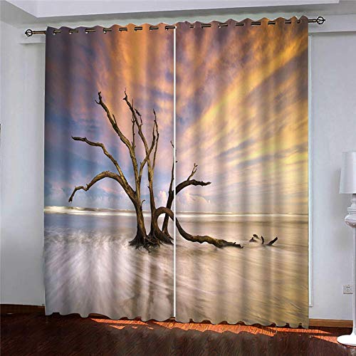 CHNXXL 3D Digital Impresión Cortinas Opacas Mar, Árbol Muerto con Ojales Poliéster Termicas Aislantes En Forma Salón Dormitorio Cuarto De Los Niños 280(W) X250(H)(Cm)
