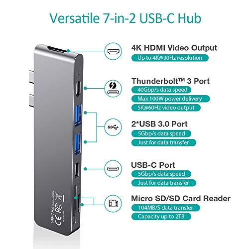 CHOETECH Hub Macbook Pro, Adaptador USB C Hub 7 en 2, Thunderbolt 3, USB 3.0, PD 100W, 4K HDMI, Ranura para Tarjeta TF/SD, Adaptador Tipo C para MacBook Pro 2020/2019/2018, MacBook Air 2020-2018
