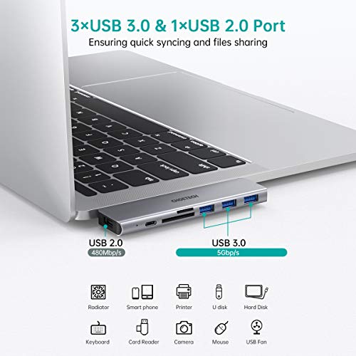 CHOETECH Hub USB C Macbook Pro, 7 en 2 Adaptador Tipo C Hub, Thunderbolt 3, PD 100W, 5K 60Hz, 3 Puertos USB 3.0, Ranura para Tarjeta TF/SD para MacBook Pro 2020/2019/2018/2017, MacBook Air 2020-2018