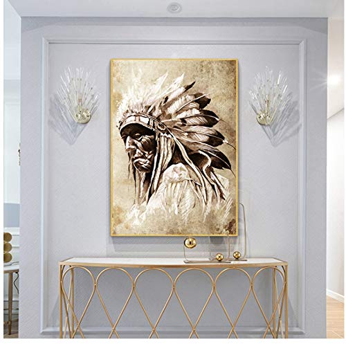 chthsx Retrato de Indios nativos Americanos en Blanco y Negro Pintura Carteles de Lienzo Impresiones Imagen de Arte de Pared para decoración de Sala de Estar   -60x100cm Sin Marco