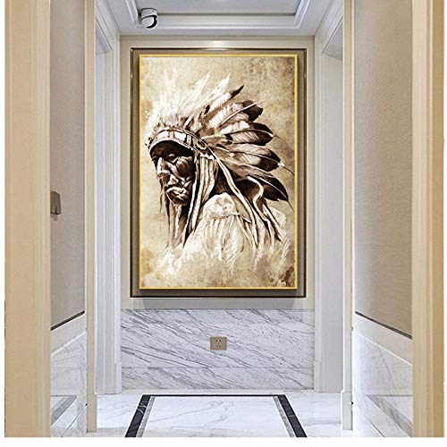 chthsx Retrato de Indios nativos Americanos en Blanco y Negro Pintura Carteles de Lienzo Impresiones Imagen de Arte de Pared para decoración de Sala de Estar   -60x100cm Sin Marco