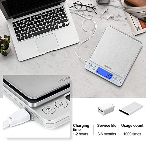 CHWARES Báscula de cocina digital con carga USB, báscula digital de 0.1g/3 kg, Báscula electrónica fina, función PSC/Tara,Báscula Digital para Cocina con Carga USB,Balanza de Alimentos Alta Precisión