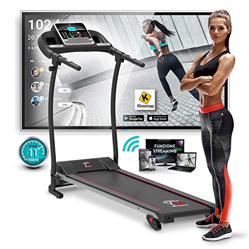 Cinta DE Correr ELÉCTRICA Plegable, 11 KM/H, 1HP (1800W / 2,5HP Peak) Sensor CARDÍACO, INCLINACIÓN Ajustable, APLICACIÓN DE Entrenamiento Y MULTIJUGADOR KINOMAP, 12 PROGRAMAS, LUBRICACIÓN AUTOMÁTICA