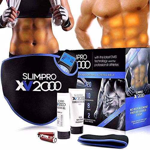 Cinturón de tonificación de abdominales Slim-Pro XV2000 para estómago delgado tonificado / Sistema de tonificación de 8 almohadillas avanzado para músculos abdominales / 120 intensidades / 10 programas de tonificado de abdominales y oblicuos incluye 2 gel