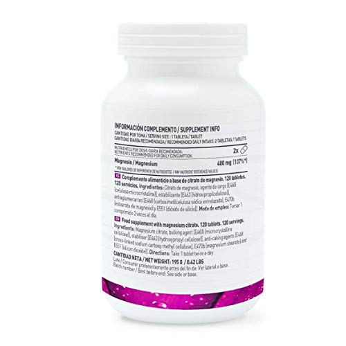 Citrato de Magnesio de HSN | 200mg de Magnesio Elemental por Tableta | Evitar Calambres, Salud Articular, Más Energía y Reduce la Fatiga | Vegano, Sin Gluten, Sin Lactosa, 120 Tabletas