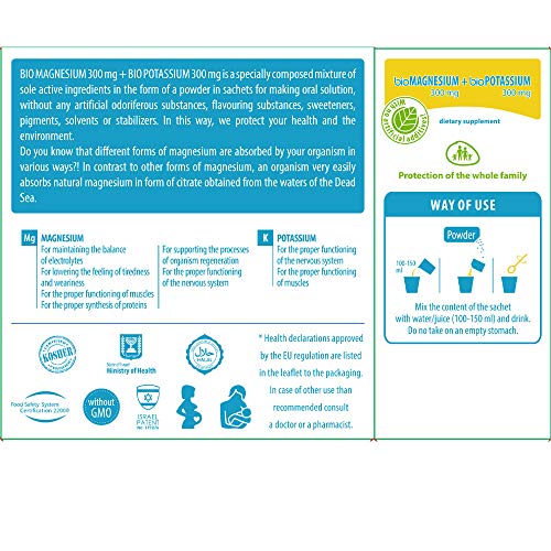 Citrato de magnesio natural + citrato de potasio del mar muerto | Magnesio en polvo 300 mg + Potasio en polvo 300 mg | Sin OGM y Suplemento Dietético 100% Vegano - 30 sobres
