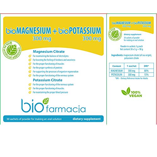 Citrato de magnesio natural + citrato de potasio del mar muerto | Magnesio en polvo 300 mg + Potasio en polvo 300 mg | Sin OGM y Suplemento Dietético 100% Vegano - 30 sobres