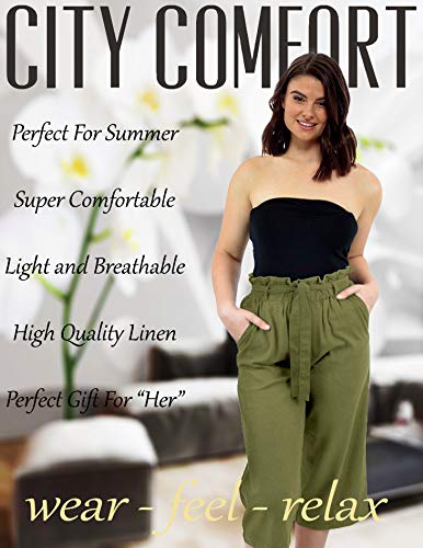 CityComfort Pantalones de Lino para el Verano, 3/4 de Longitud | Pantalón de Traje de Fiesta para Mujeres | Cintura Alta a la Moda con Lazo y Pliegues | Tamaños Variados (50, Caqui)