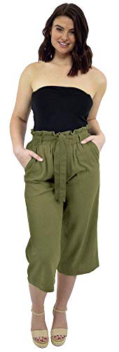 CityComfort Pantalones de Lino para el Verano, 3/4 de Longitud | Pantalón de Traje de Fiesta para Mujeres | Cintura Alta a la Moda con Lazo y Pliegues | Tamaños Variados (50, Caqui)