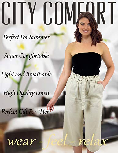 CityComfort Pantalones de Lino para el Verano, 3/4 de Longitud | Pantalón de Traje de Fiesta para Mujeres | Cintura Alta a la Moda con Lazo y Pliegues | Tamaños Variados (52, Beige)