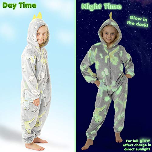 CityComfort Pijamas de Animales Enteros Niños One Piece Soft, Unicorn Costume Girl Cat Lion, Ropa de Dormir Girl Winter, Monos con Capucha (9/10 años, Los Dinosaurios Brillan en la Oscuridad)