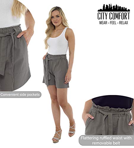 CityComfort Shorts de Lino para Mujer Mujeres Pantalones Cortos de Lino para el Verano, Vacaciones, Playa | Cintura de Bolsa de Papel de Moda (38, Caqui)