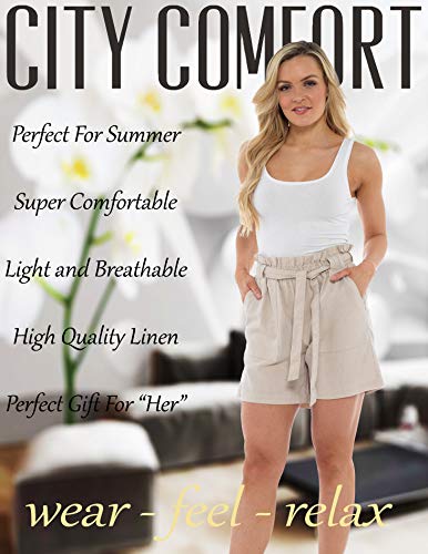 CityComfort Shorts de Lino para Mujer Mujeres Pantalones Cortos de Lino para el Verano, Vacaciones, Playa | Cintura de Bolsa de Papel de Moda (40, Beige)