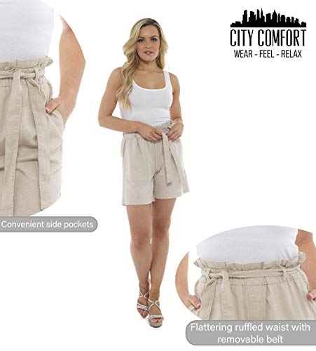 CityComfort Shorts de Lino para Mujer Mujeres Pantalones Cortos de Lino para el Verano, Vacaciones, Playa | Cintura de Bolsa de Papel de Moda (40, Beige)