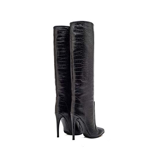 CJCJ-LOVE Damas Pantorrilla Botas, Botas De Las Mujeres, La Rodilla Botas Altas De Estiramiento Puntiagudos Tacones De Aguja Botas De Cuero Botas De Cuero De Imitación Se Queda Atrás,Negro,42EU