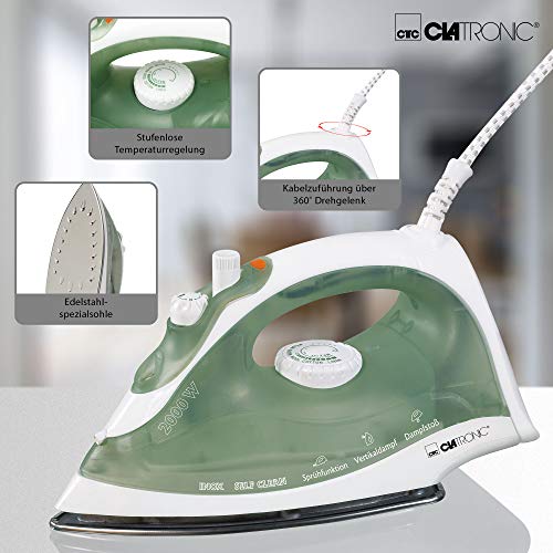 Clatronic DB 3105 Plancha de vapor, suela de acero inoxidable, 2000 W, Verde/Blanco