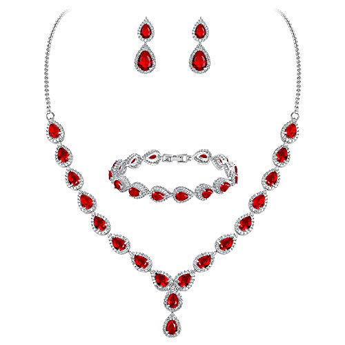 Clearine Mujer Boda Nupical Lágrima Zircón Infinity Figure 8 Y-Collares Pulsera Dangle Pendientes Conjunto Rubí
