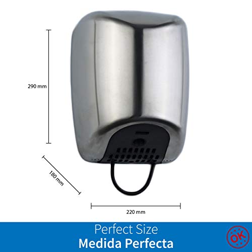 ClimaSpain Secamanos Electrico Automatico en Acero INOX Satinado · Secador de Manos Pared Profesional con Potencia de 1800W · Secadora de Pared con Sensor