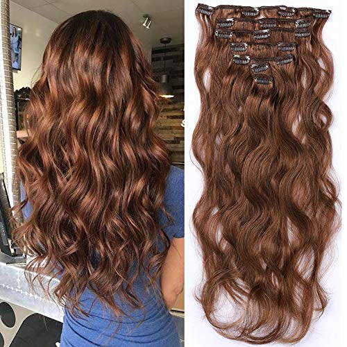 Clip en extensiones de cabello Extensiones de cabello humano real 18 pulgadas 70g Clip de castaño marrón para cabello fino Cabeza completa 7 piezas Onda de cuerpo ondulado Trama ondulada Remy
