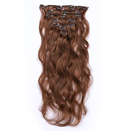 Clip en extensiones de cabello Extensiones de cabello humano real 18 pulgadas 70g Clip de castaño marrón para cabello fino Cabeza completa 7 piezas Onda de cuerpo ondulado Trama ondulada Remy