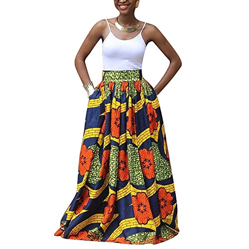 CLOCOLOR Falda Larga Plisada Encaje con Estampado Exótico Africano para Mujer Talla Grande Casual Cintura Alta Falda Vintage Longitud Maxi con Bolsillo, Naranja XL (Cintura 78cm)
