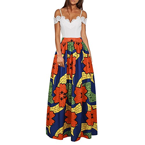 CLOCOLOR Falda Larga Plisada Encaje con Estampado Exótico Africano para Mujer Talla Grande Casual Cintura Alta Falda Vintage Longitud Maxi con Bolsillo, Naranja XL (Cintura 78cm)