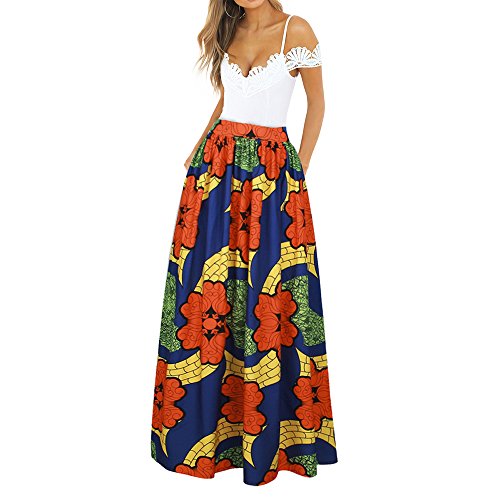 CLOCOLOR Falda Larga Plisada Encaje con Estampado Exótico Africano para Mujer Talla Grande Casual Cintura Alta Falda Vintage Longitud Maxi con Bolsillo, Naranja XL (Cintura 78cm)