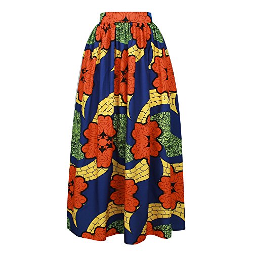 CLOCOLOR Falda Larga Plisada Encaje con Estampado Exótico Africano para Mujer Talla Grande Casual Cintura Alta Falda Vintage Longitud Maxi con Bolsillo, Naranja XL (Cintura 78cm)