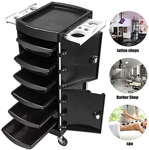 CLQya Trolley Storage Hair Salon Barber Trolley sobre ruedas con 6 cajones Plastic Salon Peluquería Peluquería Belleza Maquillaje Almacenamiento Trolley Spa Roller Carrito con llave Can Lock Negro