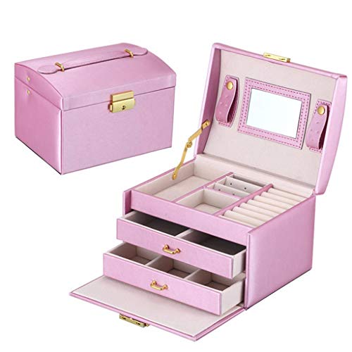 CMNAN Joyero De Tres Capas Y Dos Cajones, Joyero De Cuero PU, Caja De Almacenamiento De Joyas De Princesa, para Anillos, Pendientes, Collares, Pulseras Pink